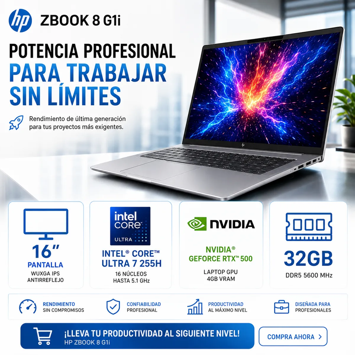 HP - Laptop Workstation HP ZBook 8 G1i NVIDIA GeForce RTX 500 4GB VRAM Intel Core Ultra 7 255H 32GB DDR5 1TB SSD 16″ WUXGA