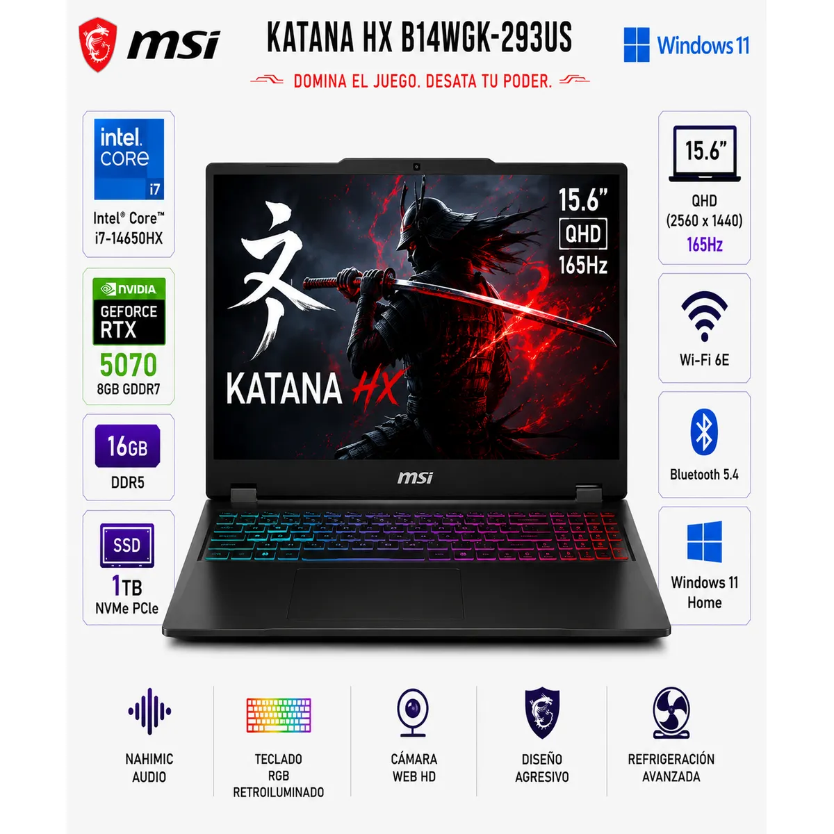 Msi - Laptop MSI Katana HX B14WGK-293US Intel Core i7-14650HX 16GB DDR5 1TB SSD RTX 5070 8GB 15.6" QHD 165Hz Windows 11