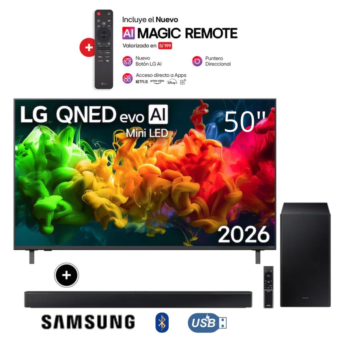 LG - Televisor LG 50 AI QNED evo Mini LED 4K Smart TV 50QNED80BSG - Soundbar HW-B450F