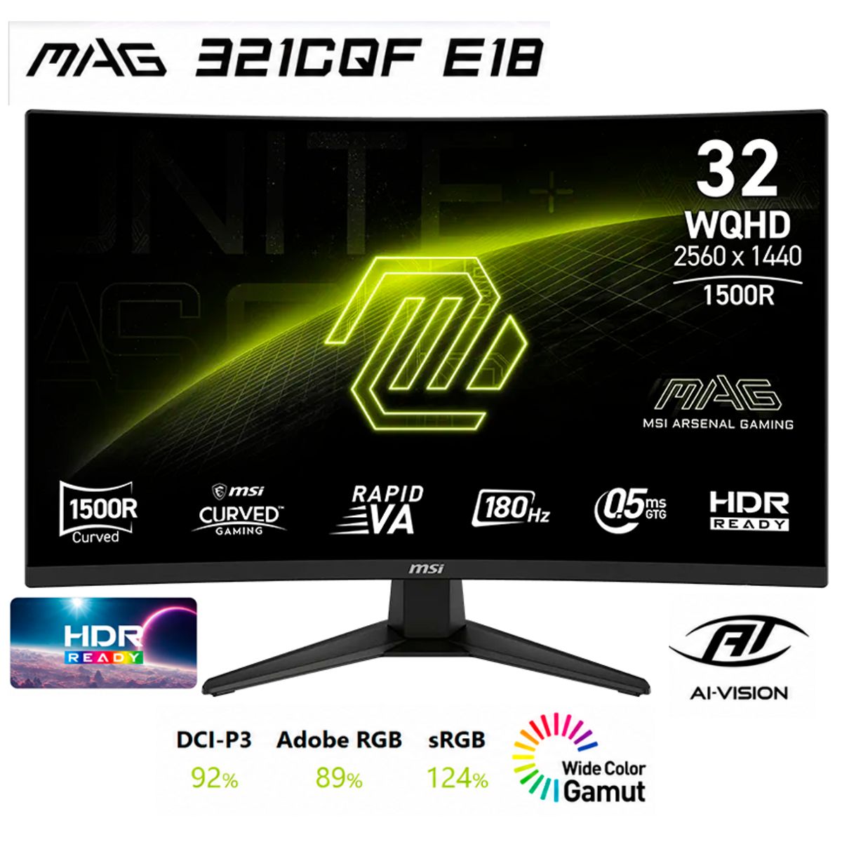 Msi - MSI Monitor Gaming Curvo MAG 321CQF E18 31.5 WQHD 180Hz 0.5ms