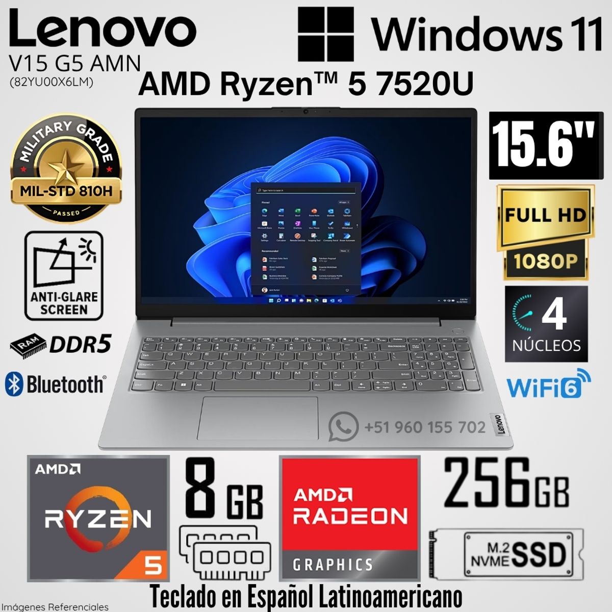 LENOVO - Laptop Lenovo V15 G4 AMN AMD Ryzen 5 7520U 8GB RAM 256GB SSD 15.6"  FHD Arctic Grey - 82YU00X6LM