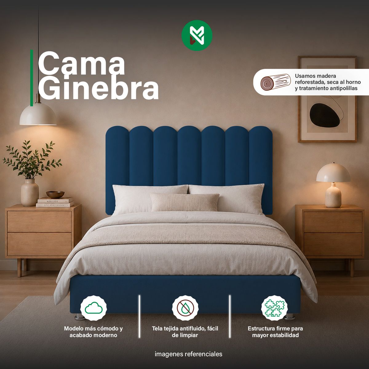 MUEBLES MACRUMO - Cama tapizada Ginebra - 2 Plz - Color Azul