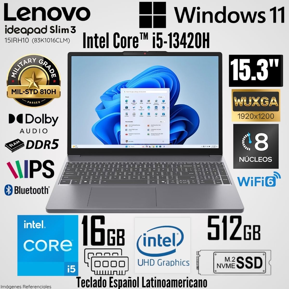 LENOVO - Laptop Lenovo Idepad Slim 3 15IRH10 16GB RAM 512GB SSD 15.3"  WUXGA Luna Grey - 83K1016CLM