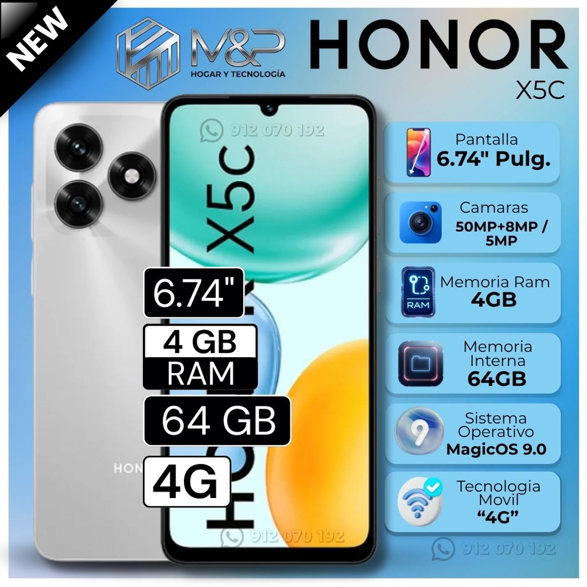 HONOR - Celular Honor X5C 6.74"  Pulg.  4GB RAM 64GB MagicOS 9.0 - Plata Meteoro