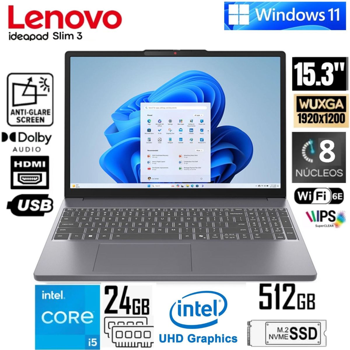 LENOVO - Lenovo Laptop Lenovo IdeaPad Slim 3 15IRH10 Intel Core i5-13420H 24GB RAM 512GB SSD 15.3"  83K100KKLM