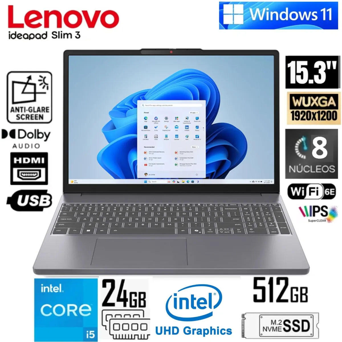 LENOVO - Lenovo Laptop Lenovo IdeaPad Slim 3 15IRH10 Intel Core i5-13420H 24GB RAM 512GB SSD 15.3"  83K100KKLM