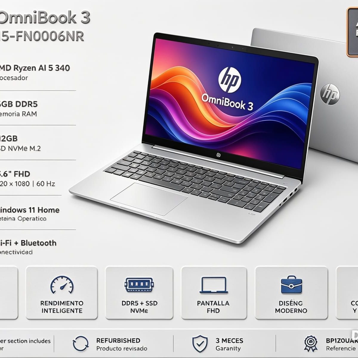 HP - Laptop HP OmniBook 3 15-FN0006NR 15.6″ FHD Ryzen AI 5 340 16GB DDR5 512GB SSD
