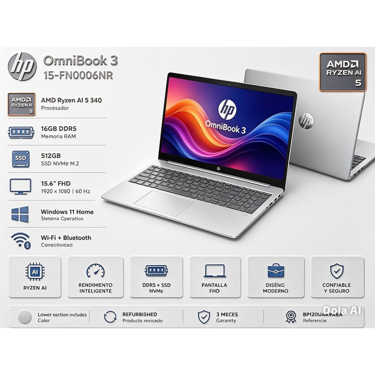 HP - Laptop HP OmniBook 3 15-FN0006NR 15.6″ FHD Ryzen AI 5 340 16GB DDR5 512GB SSD