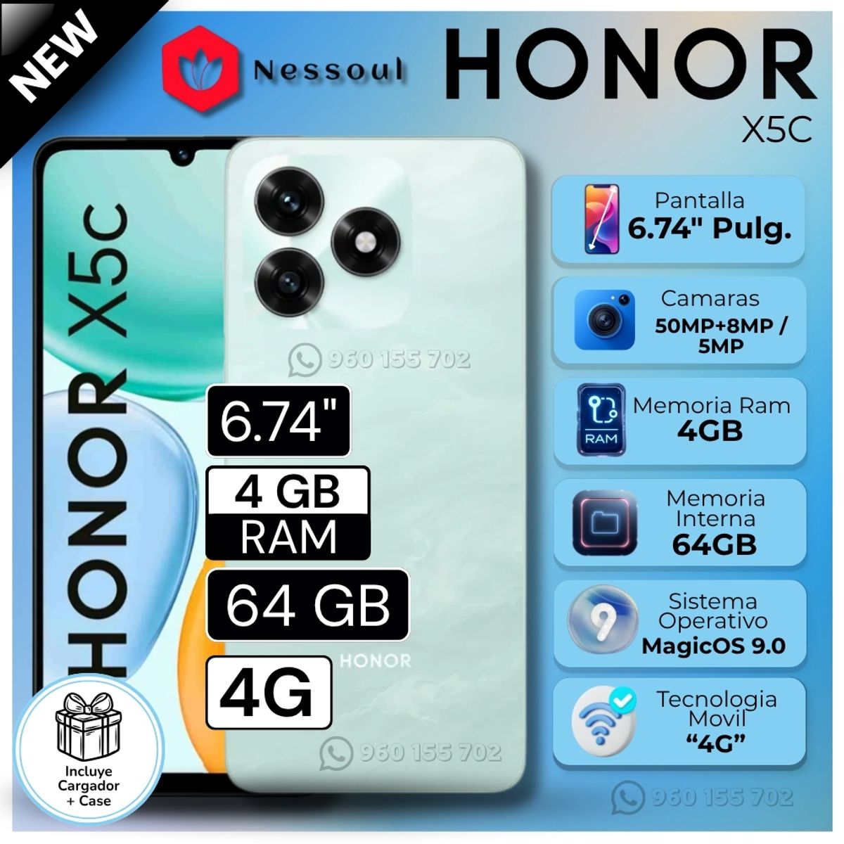HONOR - Celular Honor X5C 6.74"  Pulg.  4GB RAM 64GB MagicOS 9.0 - Azul Cian