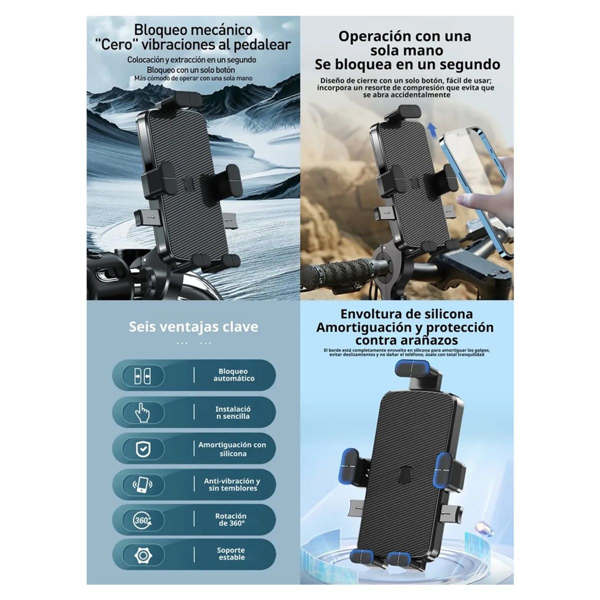 GENERICO - Soporte Para Teléfono Celular con Antivibración en Moto o Bicicleta 360 Grados