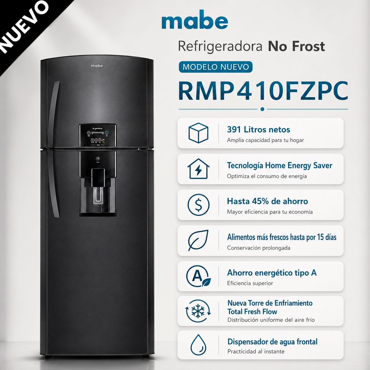 Mabe - Refrigeradora No frost 391 Lts Netos Black Steel Mabe - RMP410FZPC