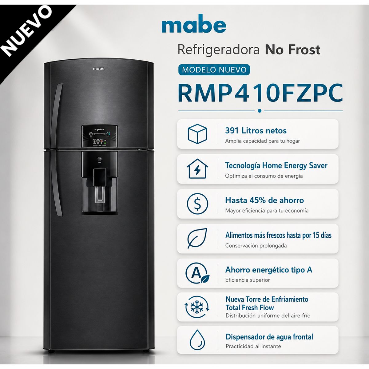 Mabe - Refrigeradora No frost 391 Lts Netos Black Steel Mabe - RMP410FZPC