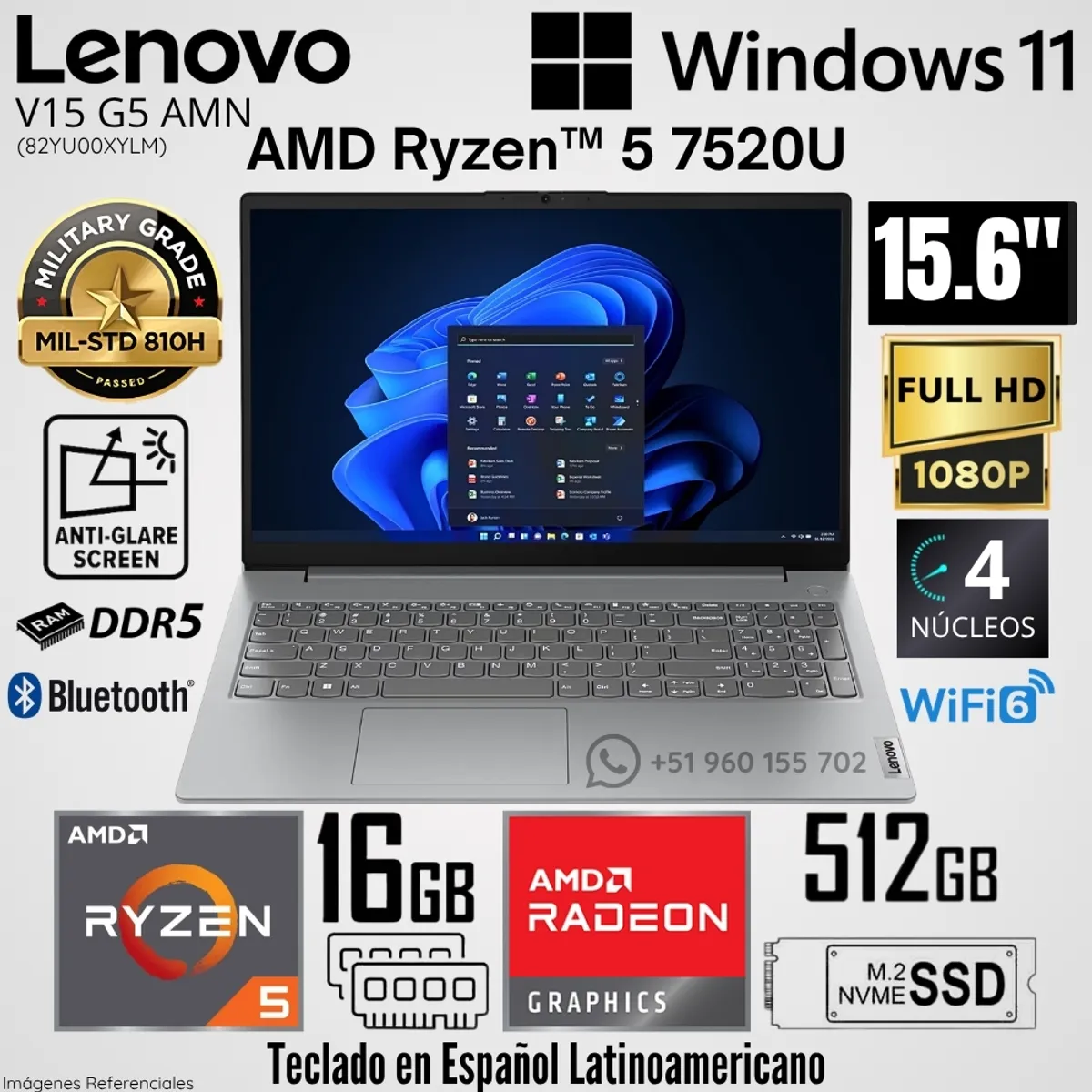 LENOVO - Laptop Lenovo V15 G4 AMN AMD Ryzen 5 7520U 16GB RAM 512GB SSD 15.6"  FHD Arctic Grey - 82YU00XYLM