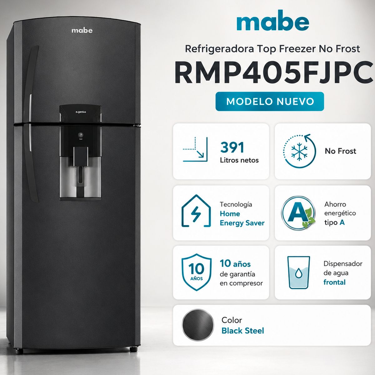 Mabe - Refrigeradora no frost de 391L netos black steel mabe - RMP405FJPC