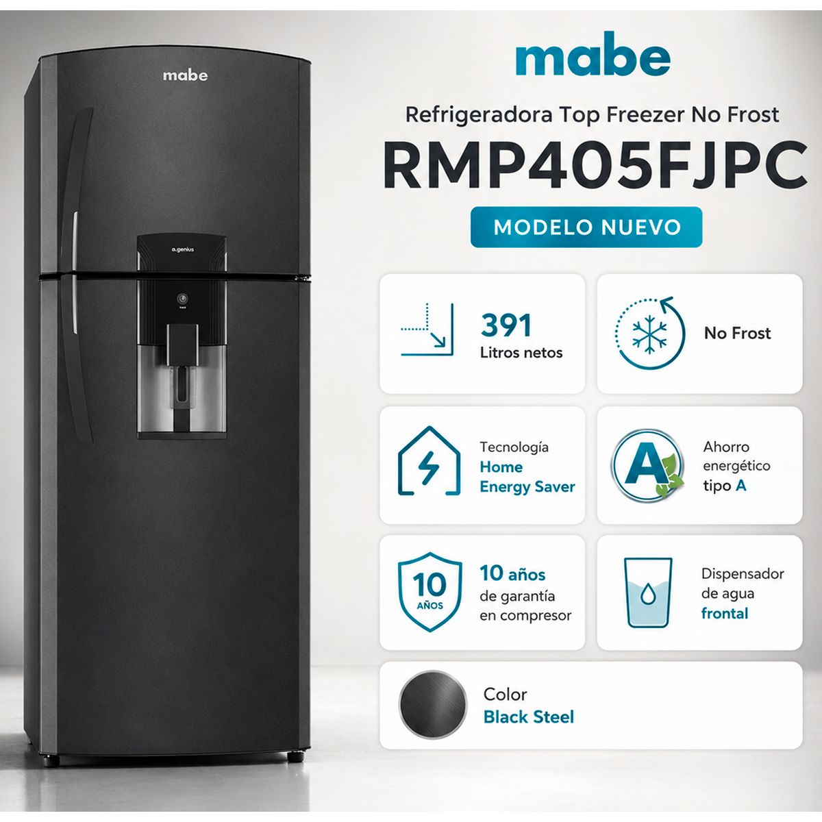 Mabe - Refrigeradora no frost de 391L netos black steel mabe - RMP405FJPC