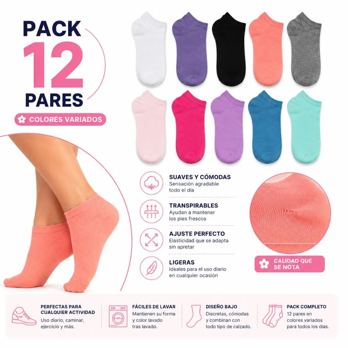 GENERICO - Pack x12 Pares de Medias Tobilleras para Mujer Transpirables