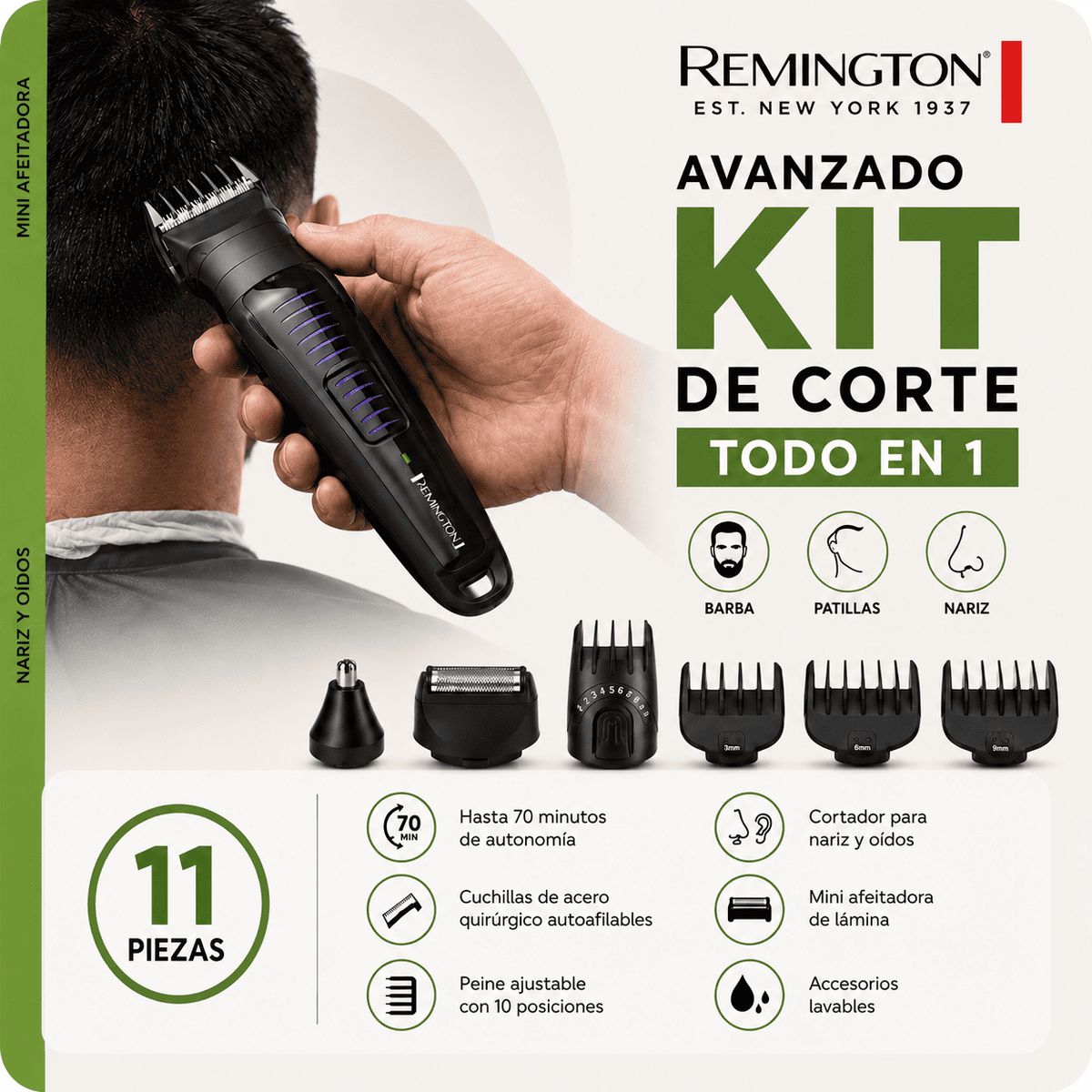 REMINGTON - Cortadora De Barba Remington RG029A Kit De Corte Todo En 1 11 Piezas Recargable