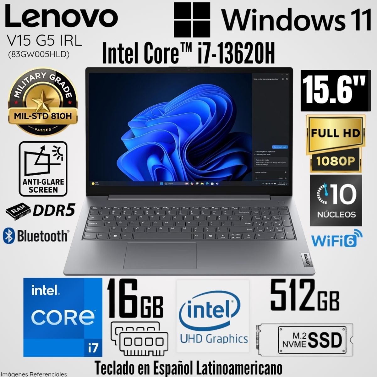 LENOVO - Laptop Lenovo V15 G5 IRL Intel Core i7-13620H 16GB RAM 512GB SSD 15.6"  FHD Luna Grey - 83GW005HLD