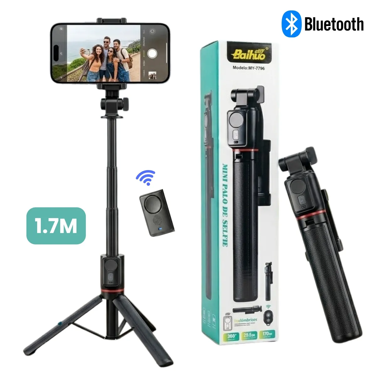 SEISA - Palo Selfie Stick Tripode Extra Largo Control Bluetooth 1,70 Metros Transmisiones  Vivo Tiktok