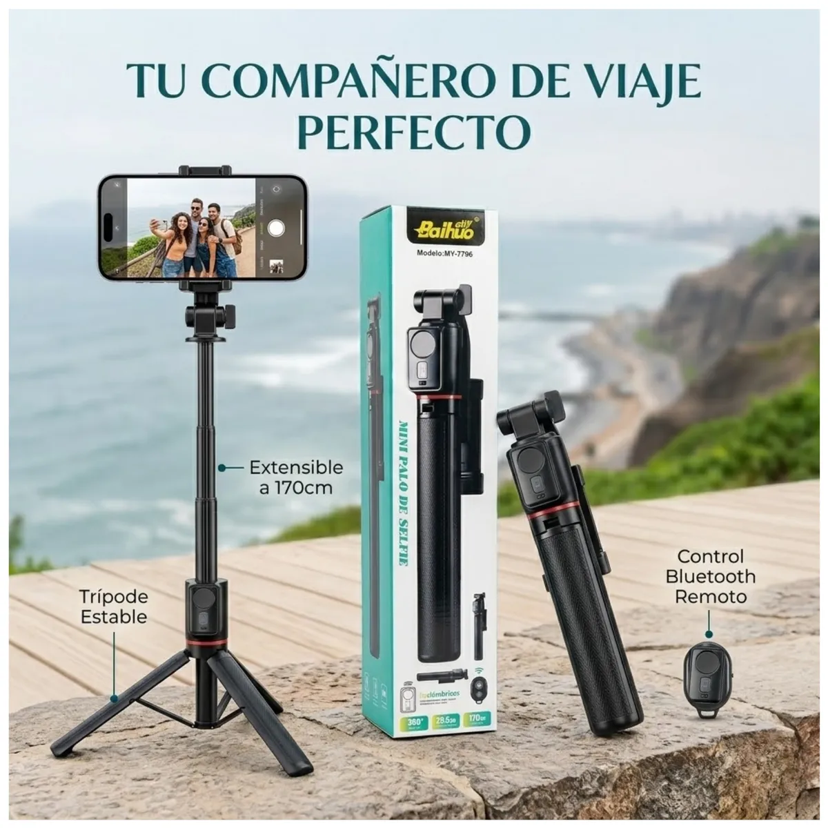 SEISA - Palo Selfie Stick Tripode Extra Largo Control Bluetooth 1,70 Metros Transmisiones  Vivo Tiktok