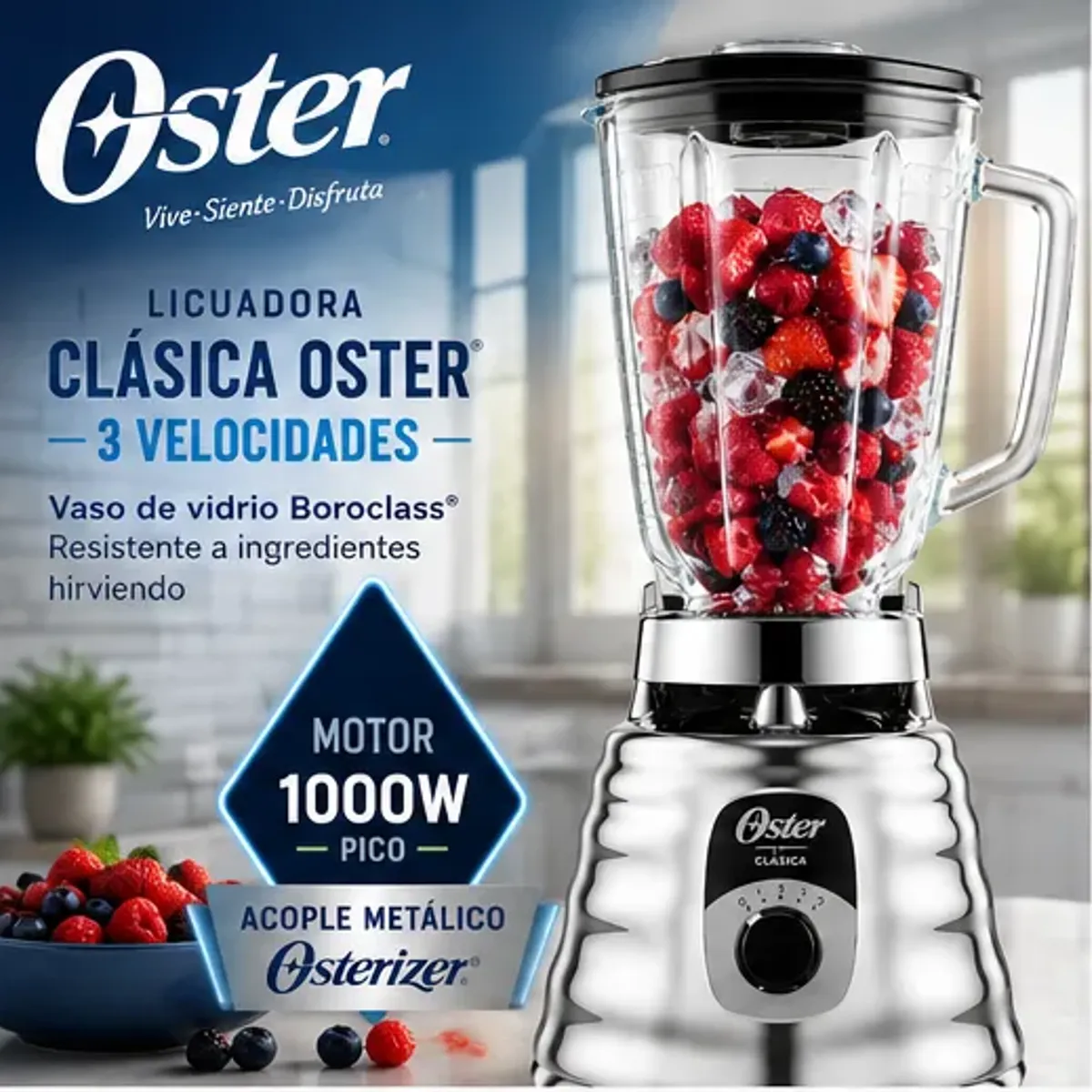 Licuadora Oster Clásica BLST4655 Cromada 3 Velocidades Vaso de Vidrio Boroclass 1.25L 1000W, marca OSTER - Foto Principal