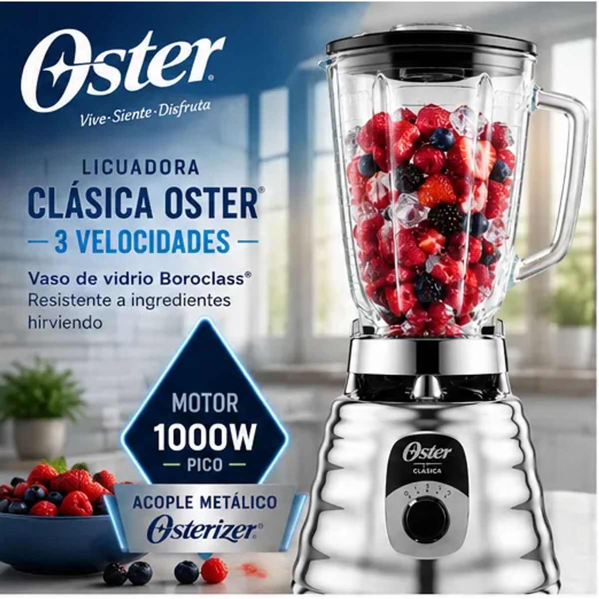 Licuadora Oster Clásica BLST4655 Cromada 3 Velocidades Vaso de Vidrio Boroclass 1.25L 1000W, marca OSTER - Foto Principal