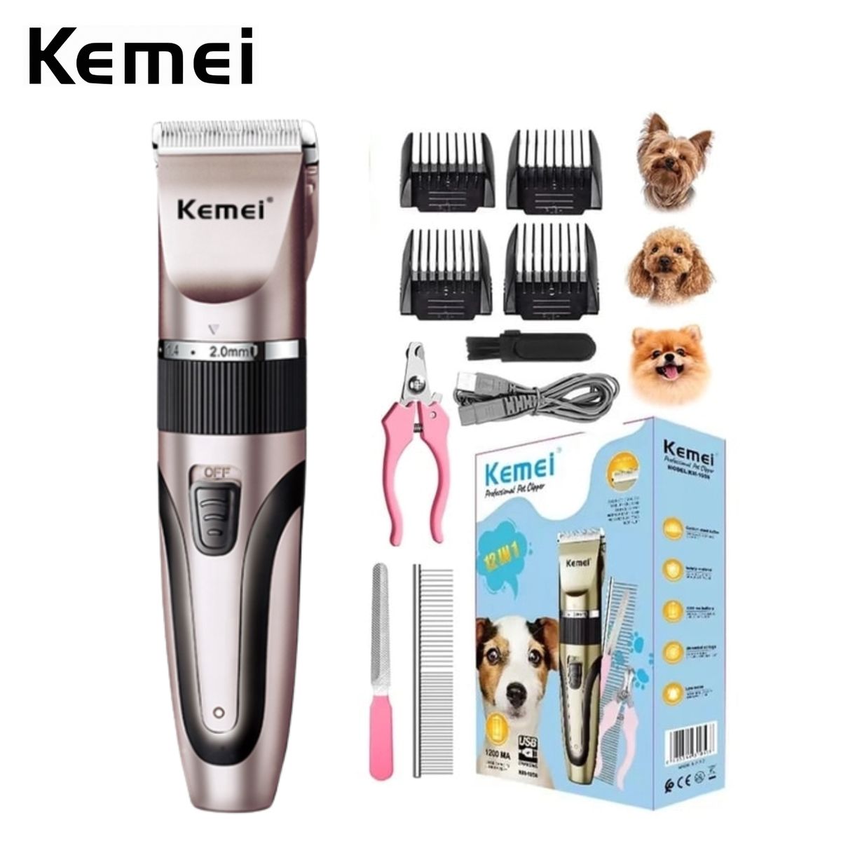 KEMEI - Maquina KEMEI Cortadora Pelo de Mascota Perro Gato Recargable Rosado