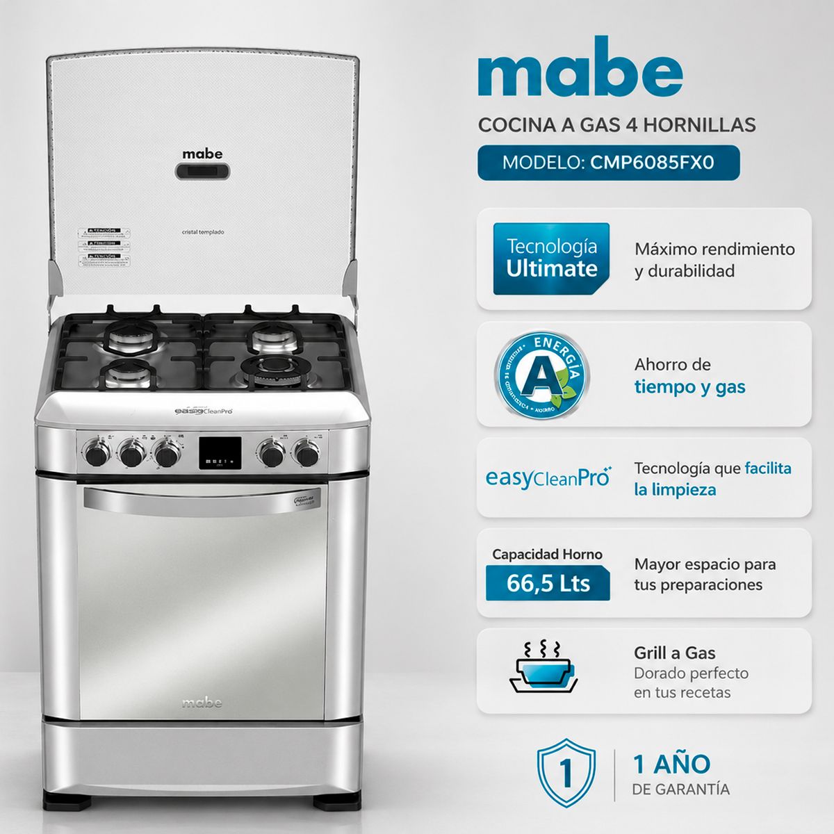 Mabe - Cocina a Gas Mabe CMP6085FX0 4 hornillas