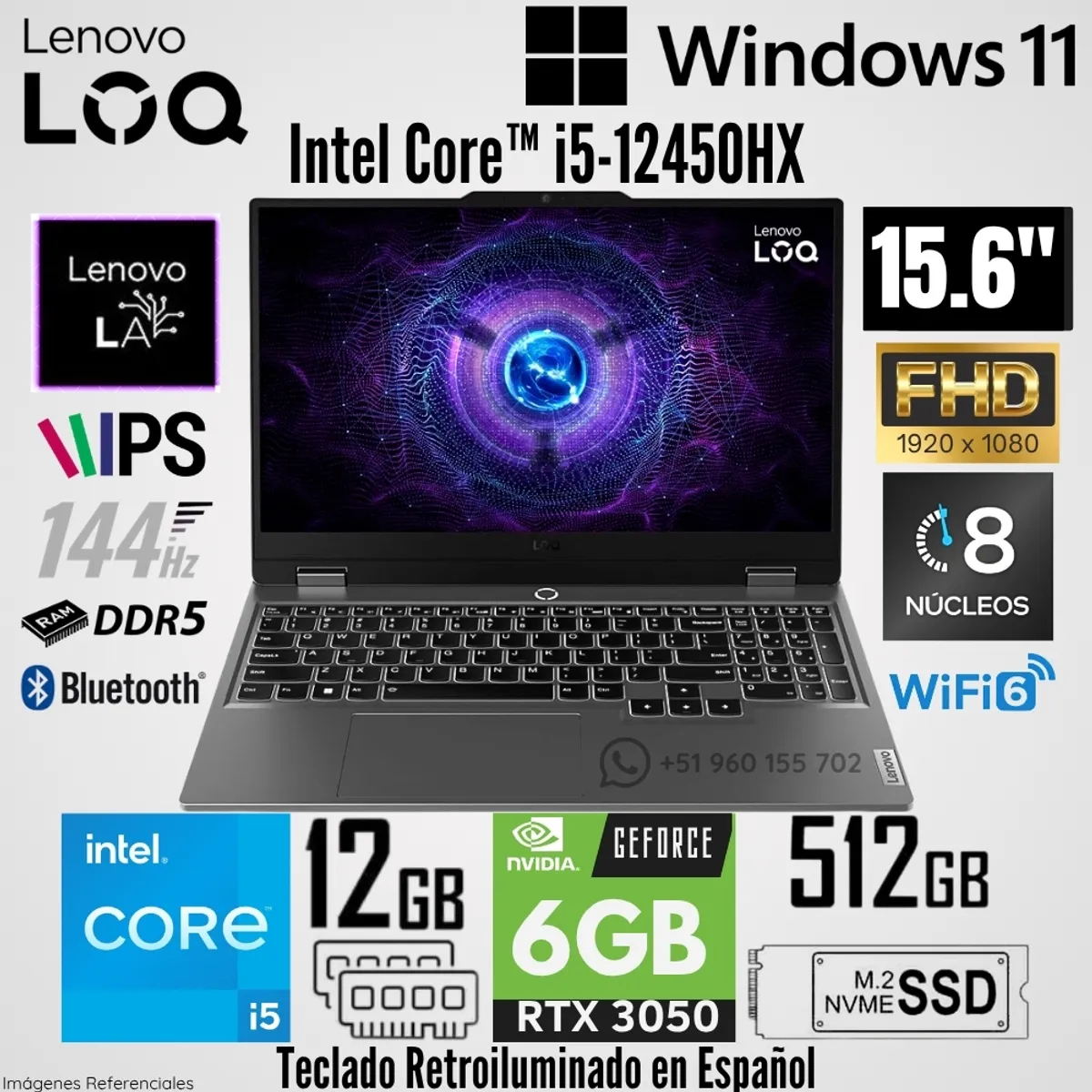LENOVO - Laptop Lenovo LOQ 15IAX9 Intel Core i5-12450HX 12GB RAM 512GB SSD RTX 3050-6GB 15.6"  FHD 144 Hz