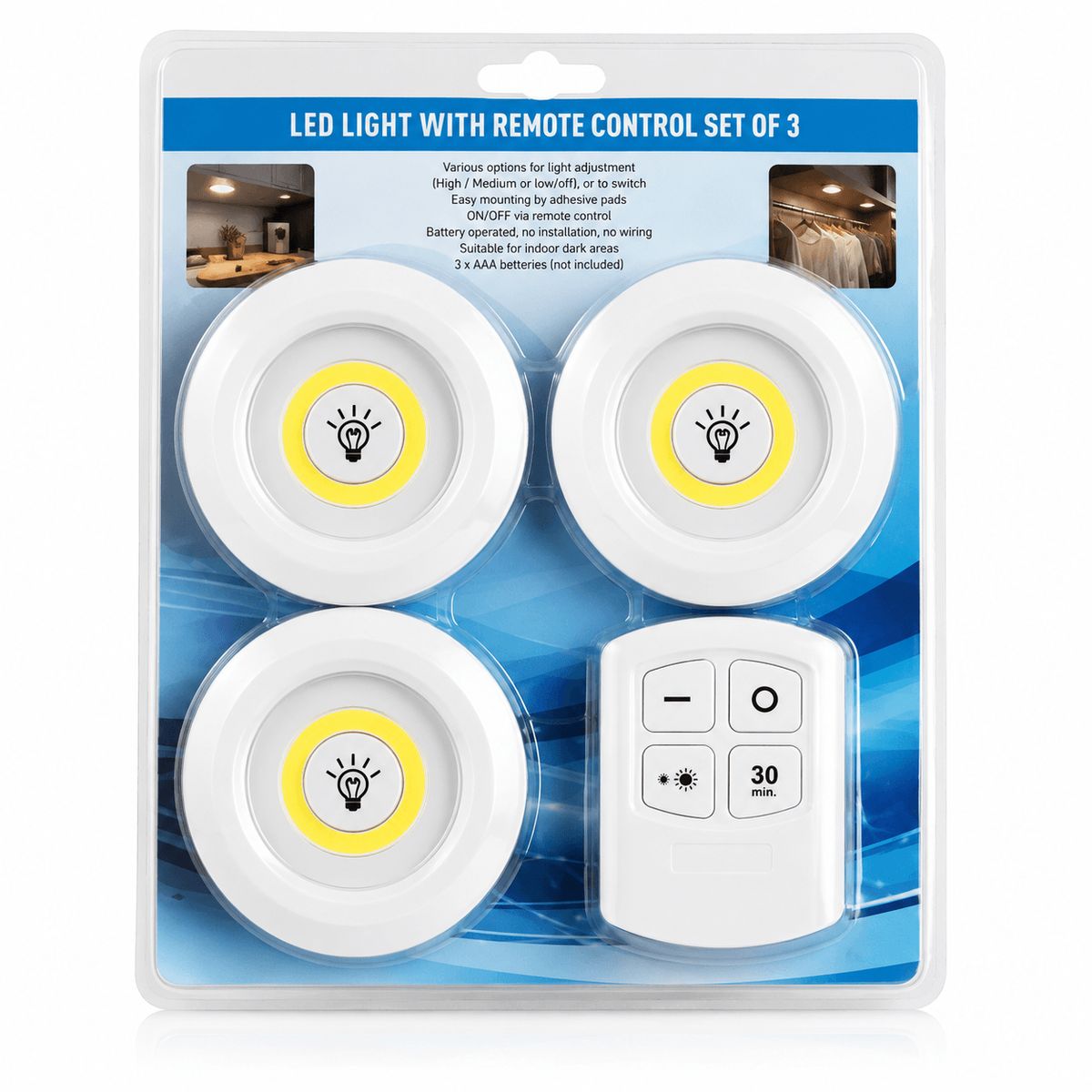 GENERICO - Kit de 3 Luces LED Portátiles Inalámbricas con Control Remoto, Temporizador y Regulación de Brillo