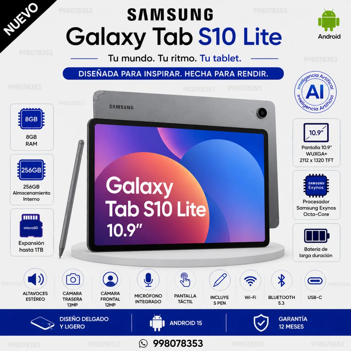 SAMSUNG - Tablet Samsung Galaxy Tab S10 Lite, 8GB RAM, 256GB, 10.9″ WUXGA+ 2112×1320 TFT, Gris SM-X400NZAEPEO