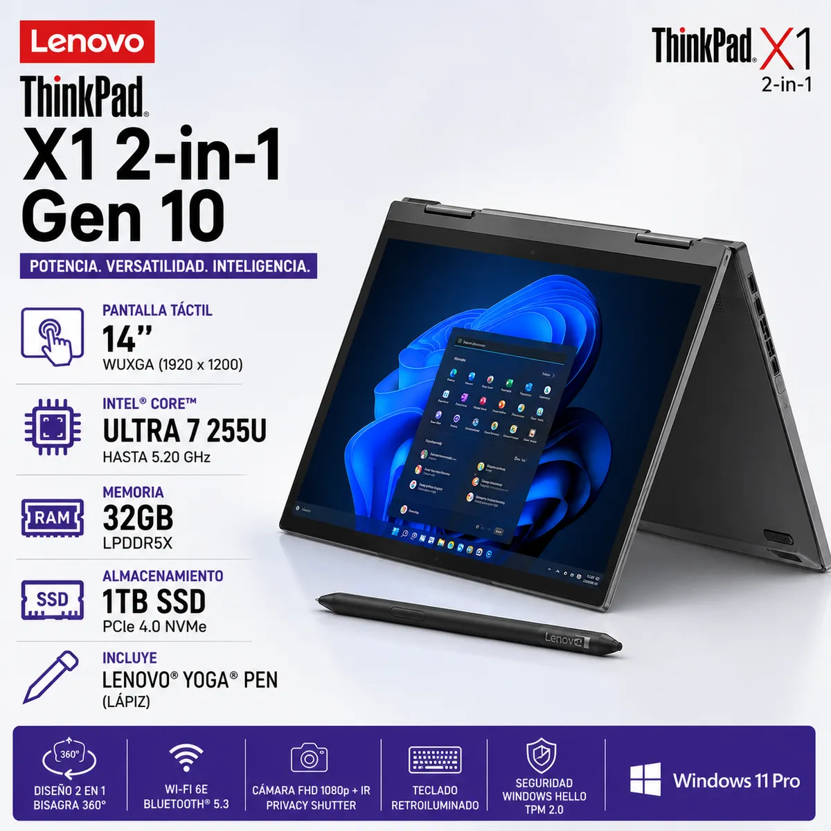 LENOVO - Laptop Lenovo ThinkPad X1 2-In-1 Gen 10 Aura Edition Intel Core Ultra 7 255U 32GB RAM 1TB SSD - 21Q1000ELM