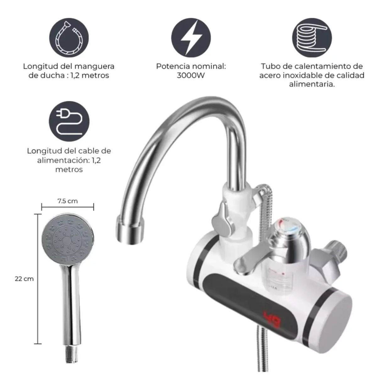 SEISA - Grifo Caño Calentador de Agua Eléctrica con Rapi Ducha 2 en 1 de PARED Agua  Caliente al Instante