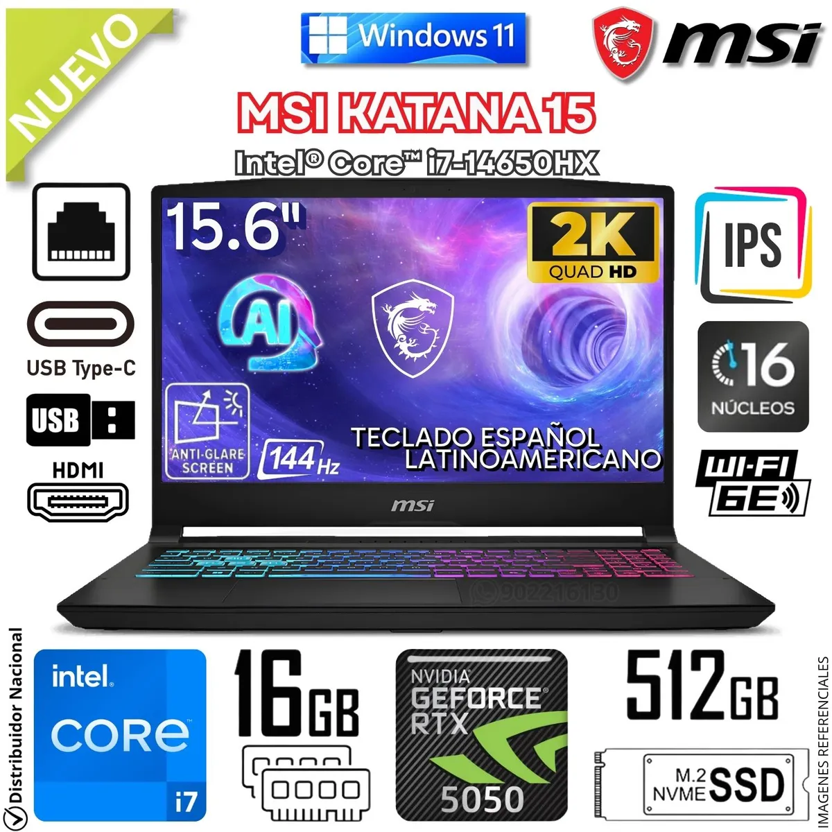 Msi - Laptop Gamer MSI KATANA 15 15.6" Intel® Core™ i7 14650HX 16GB RAM 512GB SSD GEFORCE RTX5050 B14WEK-001US Negro