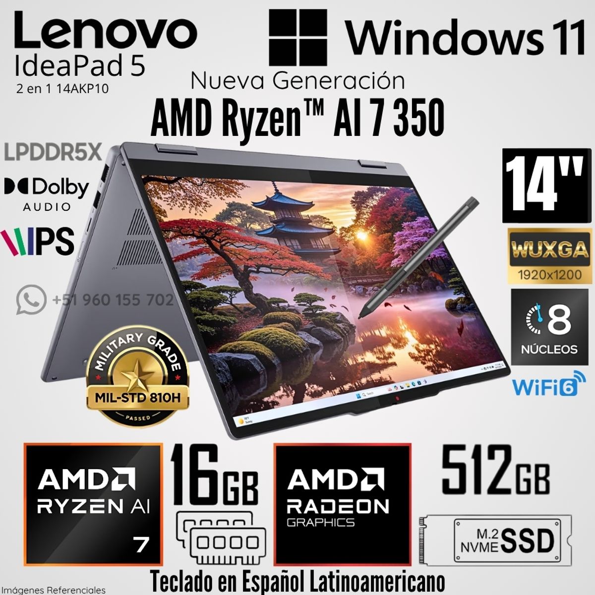 LENOVO - Laptop Lenovo IdeaPad 5 2 en 1 14AKP10 AMD Ryzen AI 7 350 16GB RAM 512GB SSD 14"  WUXGA Táctil
