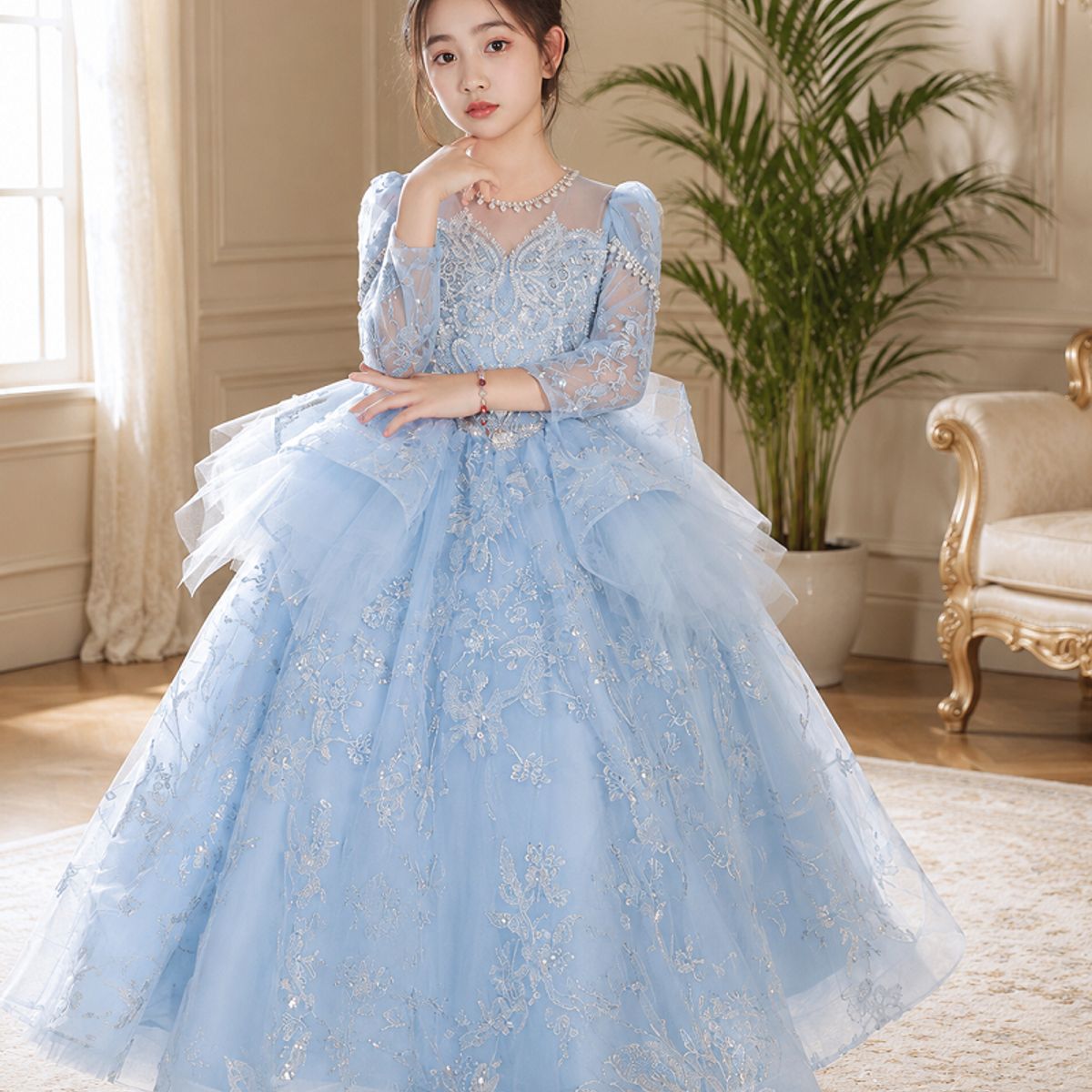 ARELYS - Vestido Niña Fiesta Celeste Bebé Talla 8 Bordado de Pedrería