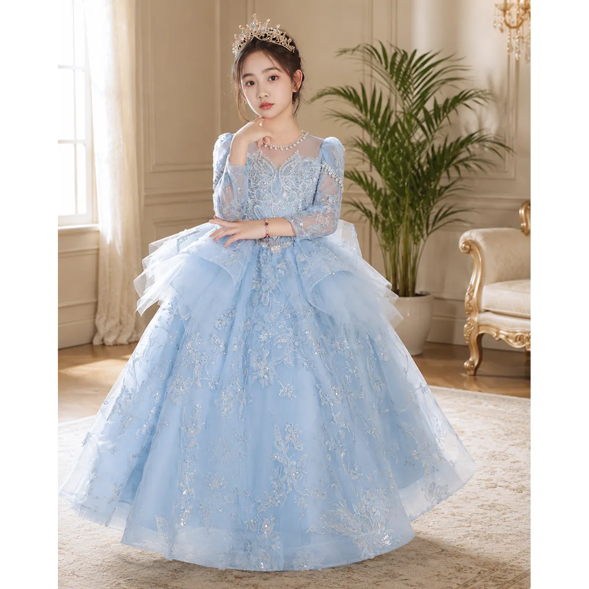 ARELYS - Vestido Niña Fiesta Celeste Bebé Talla 8 Bordado de Pedrería