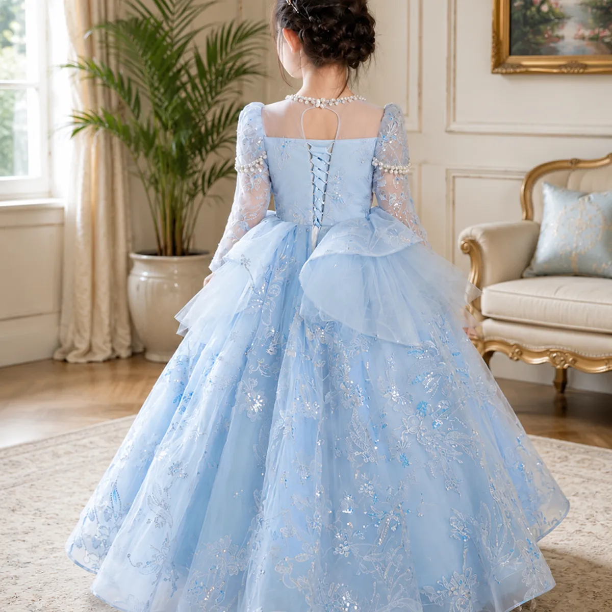 ARELYS - Vestido Niña Fiesta Celeste Bebé Talla 8 Bordado de Pedrería