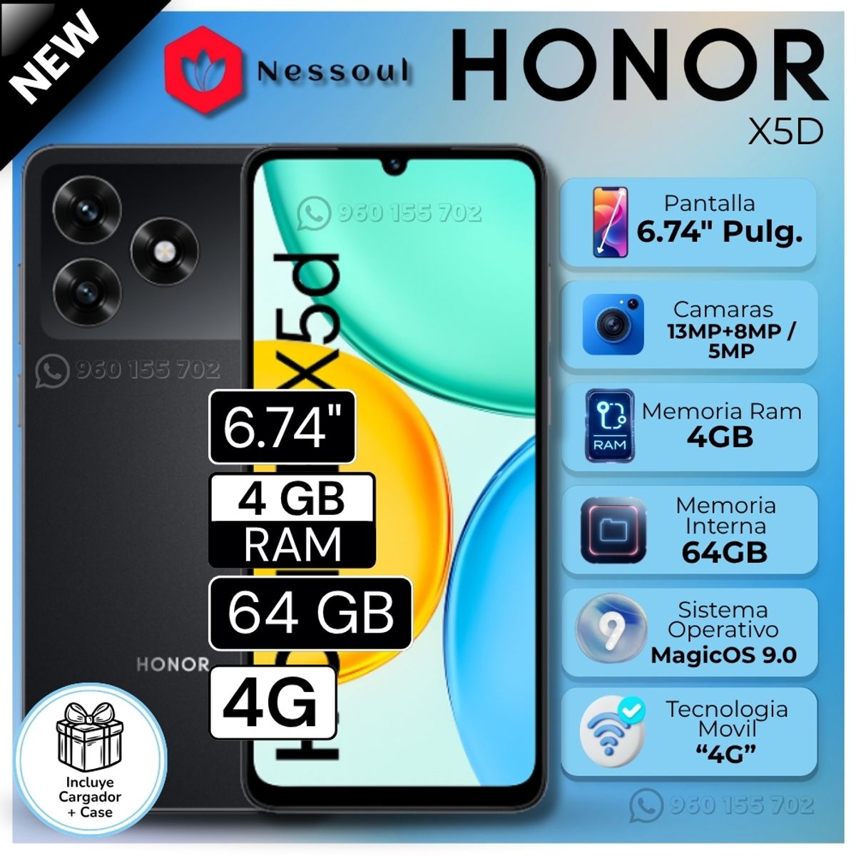 HONOR - Celular Honor X5D 6.74"  Pulg.  4GB RAM 64GB MagicOS 9.0 - Negro Medianoche