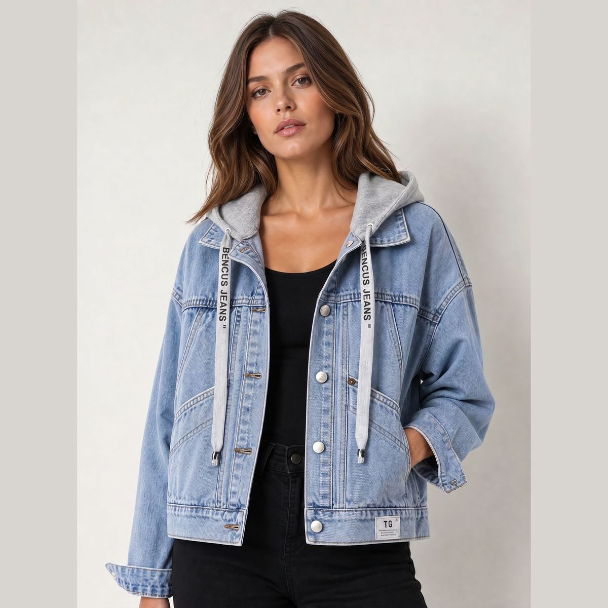 BENCUS JEANS - Casaca Jean Mujer Oversize Denim Azul Capucha Gris  Diseño Asimétrico Exclusivo