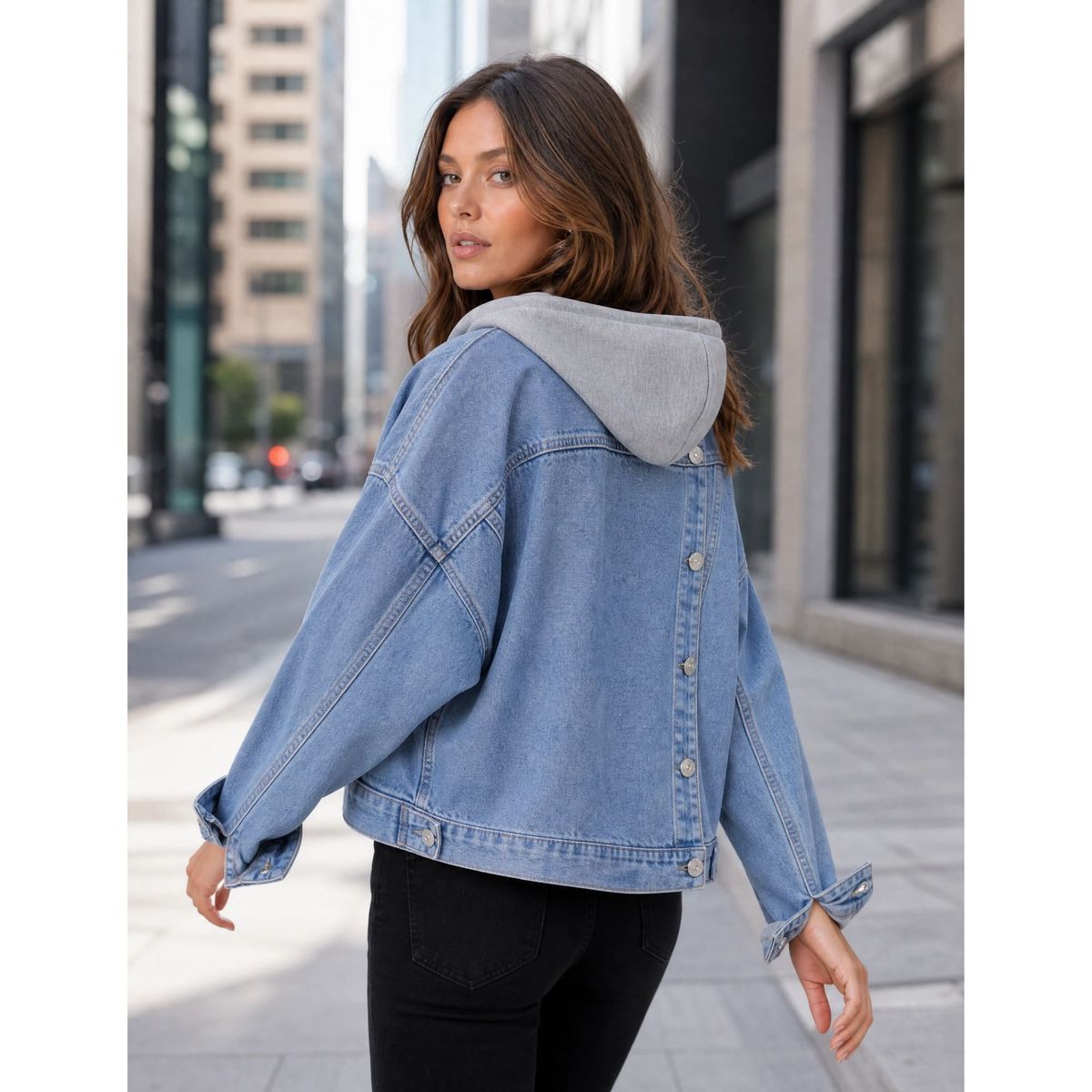 BENCUS JEANS - Casaca Jean Mujer Oversize Denim Azul Capucha Gris  Diseño Asimétrico Exclusivo