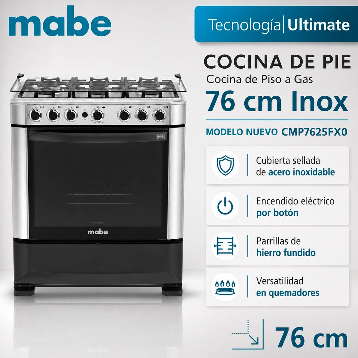 Mabe - CMP7625FX0 - Cocina De Pie 1 Horno Vidrio Negro 6 Quemadores Inox 76Cm Mabe
