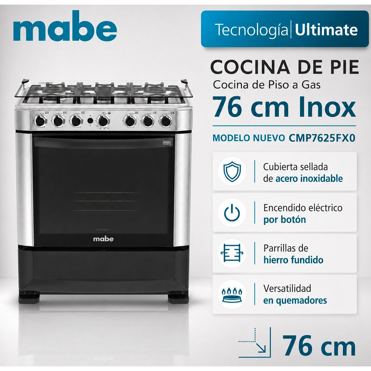 Mabe - CMP7625FX0 - Cocina De Pie 1 Horno Vidrio Negro 6 Quemadores Inox 76Cm Mabe