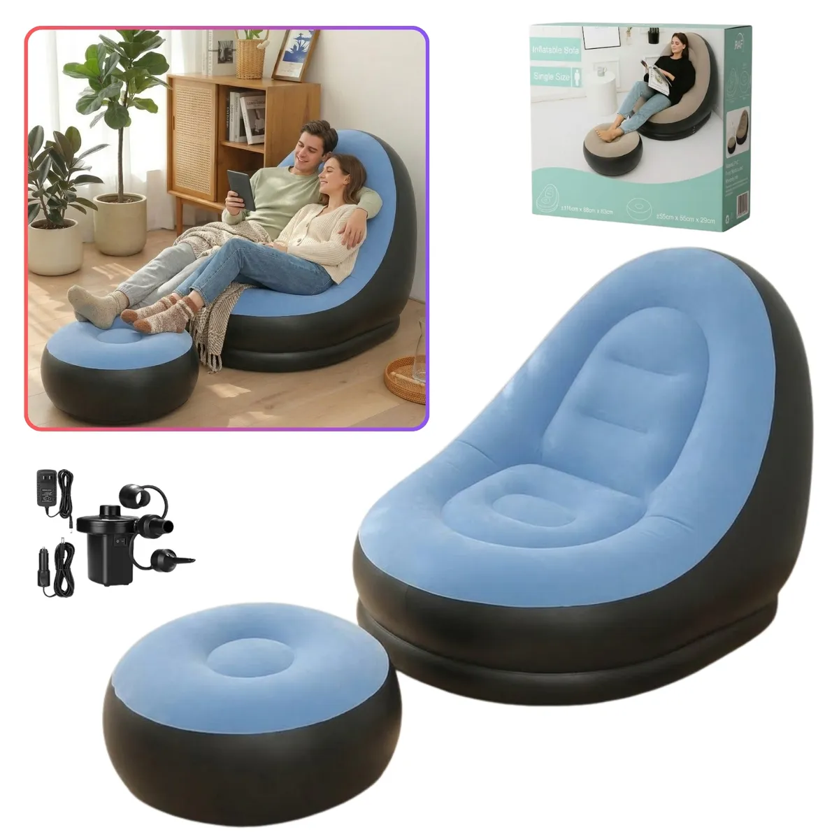 SEISA - Sofa Puff Mueble Inflable con Reposa Pies Comodo para Hogar Jardin Balcon y Oficina