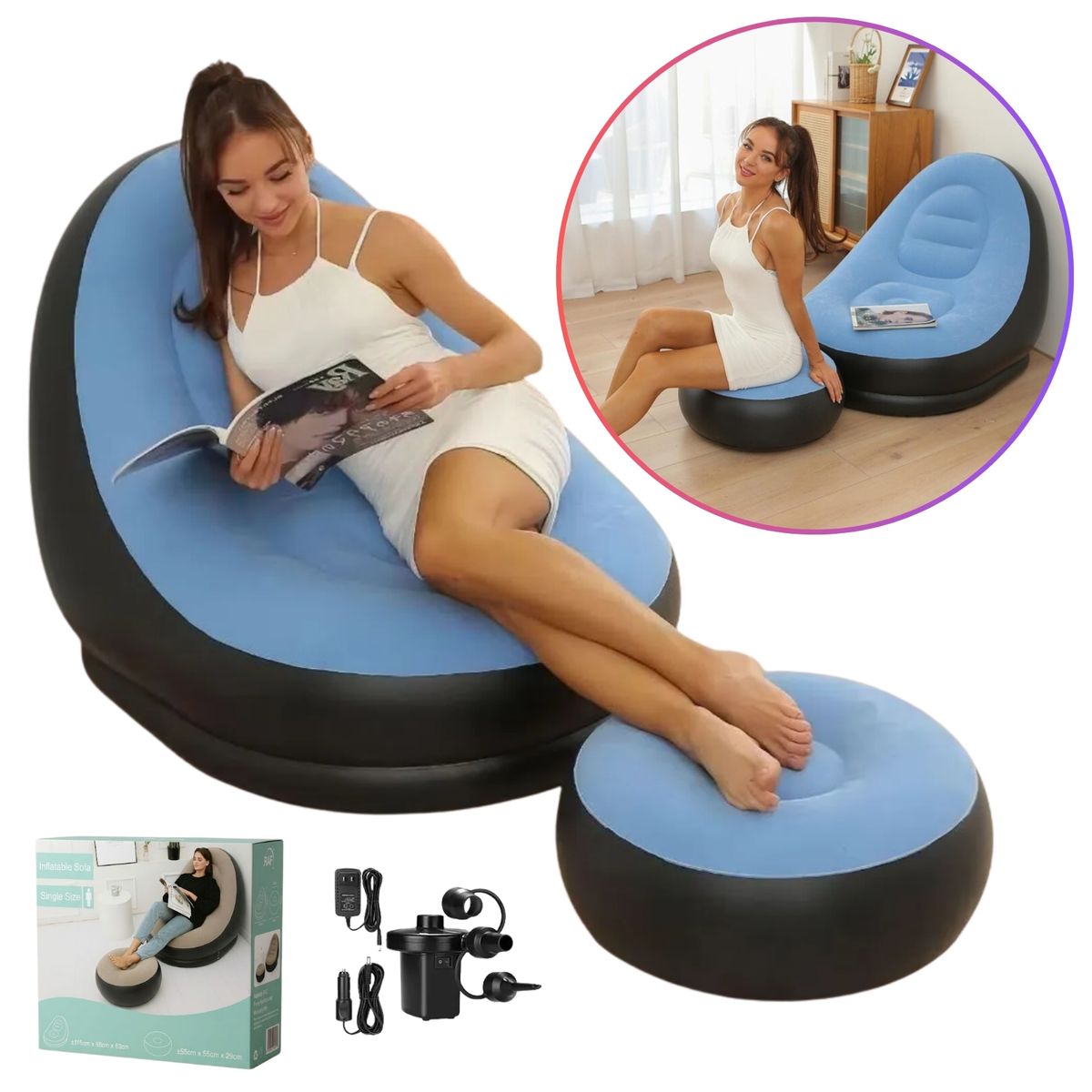 SEISA - Sofa Puff Mueble Inflable con Reposa Pies Comodo para Hogar Jardin Balcon y Oficina