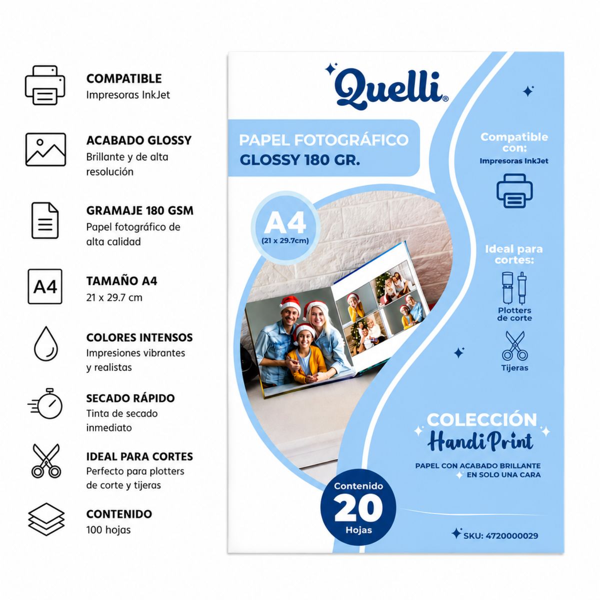 LIDEART - Papel Fotográfico Brillante A4 180g Handi Print 100 Hojas