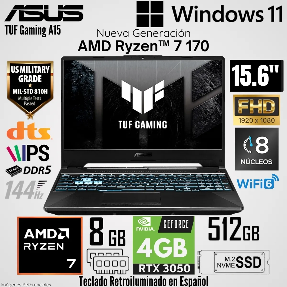 ASUS - Laptop Asus TUF Gaming A15 FA506NCQ-HN078 AMD Ryzen 7 170 8GB RAM 512GB SSD RTX 3050-4GB 15.6"  FHD