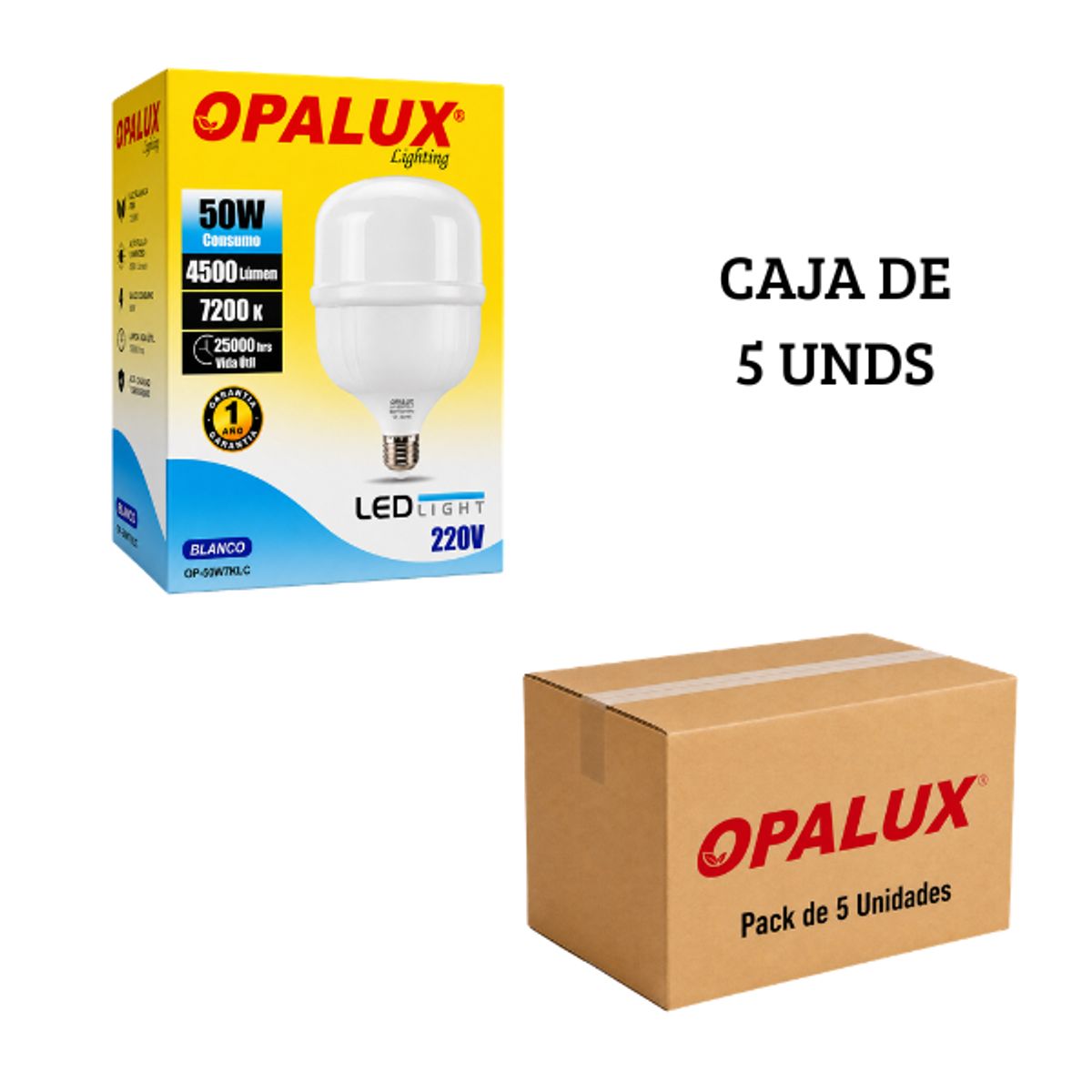 OPALUX - Foco Botella LED Opalux 50W Luz Blanca E27 - Pack de 5 unds