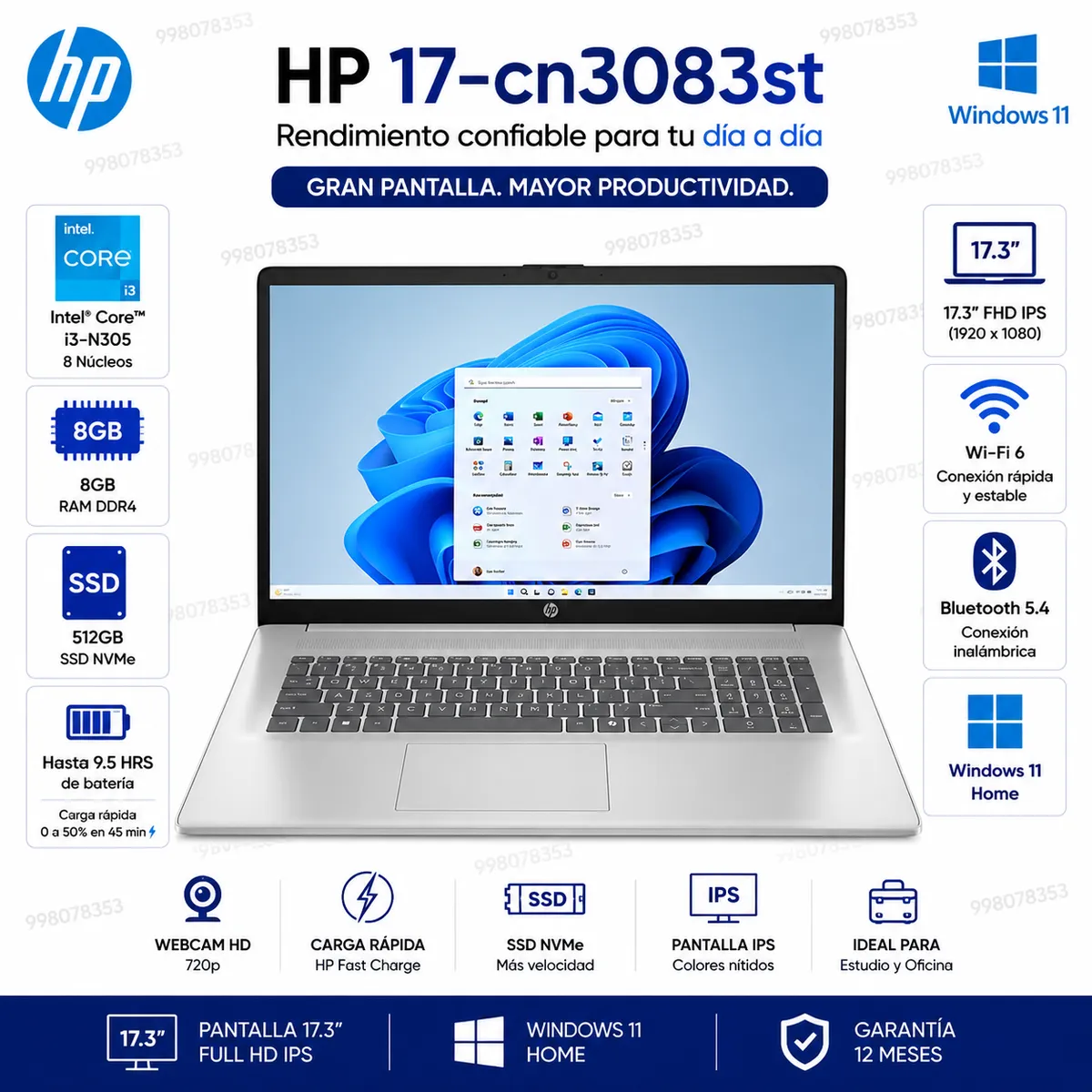 HP - Laptop HP 17-cn3083st Intel Core i3-N305 8GB RAM 512GB SSD 17.3" FHD Windows 11