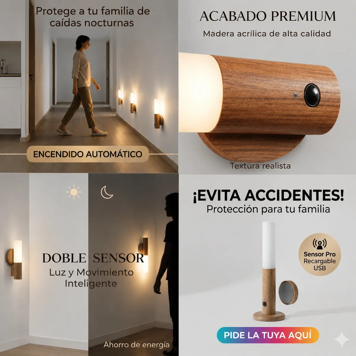 GENERICO - Lámpara LED Inteligente Sensor Movimiento - Madera Acrílica Premium Recargable